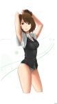  1girl armpits arms_up bangs black_shirt breasts brown_eyes brown_hair cropped_legs grey_panties grey_sleeves highres looking_at_viewer medium_breasts original panties parted_lips saruno_(eyesonly712) shirt short_hair short_sleeves solo standing swept_bangs underwear 