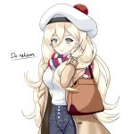  1girl alternate_costume beret blonde_hair blue_eyes coat denim hair_between_eyes hat highres jeans kantai_collection long_hair long_sleeves mole mole_under_eye multicolored multicolored_clothes multicolored_scarf open_clothes open_coat pants richelieu_(kantai_collection) scarf shirt simple_background smile solo tk8d32 white_background white_hat white_shirt 