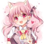  1girl :d animal_ear_fluff animal_ears bangs blush bow breasts brown_bow brown_vest cat_ears center_frills collared_shirt eyebrows_visible_through_hair frills hair_between_eyes hair_bow hand_up head_tilt heart long_hair looking_at_viewer mauve open_mouth original pink_hair puffy_short_sleeves puffy_sleeves red_bow red_eyes round_teeth shirt short_sleeves small_breasts smile solo teeth twintails upper_body upper_teeth vest white_shirt 