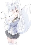  1girl ;o ahoge animal animal_ear_fluff animal_ears bangs black_sailor_collar black_skirt blue_jacket blush cat commentary_request eyebrows_visible_through_hair fox_ears fox_girl fox_tail grey_eyes hair_between_eyes hair_intakes highres holding holding_animal holding_cat jacket long_hair long_sleeves one_eye_closed original parted_lips ping_myu_ring_(tandohark) pleated_skirt sailor_collar shirt simple_background skindentation skirt sleeves_past_wrists solo tail tail_raised tandohark thigh-highs very_long_hair white_background white_hair white_legwear white_shirt 