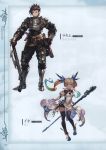  1boy 1girl absurdres arm_guards armor armored_boots bangs black_legwear blonde_hair blue_eyes boots breastplate brown_eyes brown_gloves brown_hair character_name closed_mouth dress facial_hair full_body gloves gradient gradient_hair granblue_fantasy green_hair hair_ornament highres holding io_euclase juliet_sleeves knee_pads long_hair long_sleeves looking_at_viewer minaba_hideo multicolored_hair official_art page_number pants parted_lips polearm puffy_sleeves rackam_(granblue_fantasy) redhead scan short_hair shorts shorts_under_dress shoulder_armor simple_background smile solo standing thigh-highs twintails velt weapon 
