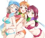  3girls ahoge ass bare_shoulders bikini blue_bikini blue_eyes blush breasts character_name cleavage earmuffs frilled_bikini frills grey_hair hair_ornament hands_on_another&#039;s_shoulders hat looking_at_viewer love_live! love_live!_sunshine!! mittens multiple_girls one_eye_closed open_mouth orange_bikini orange_hair plaid plaid_bikini red_eyes redhead rozen5 sakurauchi_riko scarf shared_scarf short_hair side-tie_bikini sideboob simple_background smile swimsuit takami_chika teeth watanabe_you white_background yellow_eyes 