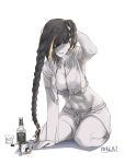  1girl alcohol arm_support black_hair blonde_hair bottle breasts commentary crop_top eyepatch fpdlenl011 girls_frontline hand_in_hair highres jack_daniel&#039;s limited_palette long_braid m16a1_(girls_frontline) multicolored_hair short_shorts shorts sitting solo streaked_hair sweat tongue tongue_out visible_air wariza whiskey white_background yellow_eyes 
