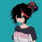  1girl bangs black_hair black_shirt blue_eyes casual closed_mouth clothes_writing hair_ornament hair_up highlights kill_la_kill light_frown looking_at_another mittsun multicolored_hair print_shirt redhead senketsu shirt short_ponytail simple_background solo streaked_hair twitter_username two-tone_hair upper_body 