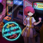  1girl arcade arcade_cabinet crescent_moon english_text from_behind hair_over_one_eye hakuro96 hand_up highres looking_at_viewer looking_back moon original planet playing_games redhead saturn short_hair sign smile solo sun video_game waves 