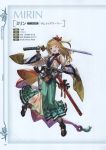  1girl absurdres aqua_eyes arm_guards bangs blonde_hair blush bridal_gauntlets character_name full_body granblue_fantasy hair_ornament highres holding holding_sword holding_weapon japanese_clothes katana long_hair looking_at_viewer minaba_hideo mirin_(granblue_fantasy) official_art one_eye_closed open_mouth page_number sarashi scan sheath simple_background smile solo stats sword weapon wide_sleeves 