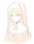  1girl bangs blonde_hair closed_mouth commentary cropped_torso dress eyebrows_visible_through_hair habit light_smile long_hair looking_at_viewer meito_(maze) monochrome neck_ribbon nun original ribbon romaji_commentary simple_background solo upper_body white_background 