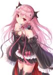  1girl bare_shoulders black_dress black_legwear black_sleeves closed_mouth commentary_request criss-cross_halter detached_sleeves dress fang fang_out frilled_sleeves frills hair_ornament halterneck highres juliet_sleeves krul_tepes long_hair long_sleeves looking_at_viewer owari_no_seraph pink_hair pointy_ears puffy_sleeves red_eyes seungju_lee simple_background sleeveless sleeveless_dress sleeves_past_fingers sleeves_past_wrists smile solo thigh-highs very_long_hair white_background wide_sleeves 