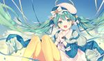  1girl :d beret blue_capelet blue_jacket blue_sky blush bow capelet clouds cloudy_sky collarbone commentary_request day dress floating_hair gloves green_eyes green_hair hands_clasped hat hatsune_miku interlocked_fingers jacket knees_up long_hair long_sleeves looking_at_viewer open_mouth outdoors own_hands_together pantyhose silltare sky smile solo striped striped_bow twintails very_long_hair vocaloid white_bow white_dress white_gloves white_hat yellow_legwear 