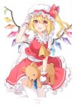 1girl 6u_(eternal_land) :d absurdres adjusting_clothes adjusting_hat animal animal_on_shoulder ascot bangs bird bird_on_shoulder blonde_hair blush bow cowboy_shot crystal eyebrows_visible_through_hair fang flandre_scarlet frilled_legwear frilled_shirt_collar frills gloves hair_between_eyes hand_up hat hat_ribbon highres holding holding_stuffed_animal long_hair looking_at_viewer mob_cap one_side_up open_mouth petticoat puffy_short_sleeves puffy_sleeves red_bow red_eyes red_ribbon red_skirt red_vest ribbon scan shadow shirt short_sleeves simple_background skirt skirt_set smile solo stuffed_animal stuffed_toy teddy_bear thigh-highs thighs touhou vest white_background white_gloves white_hat white_legwear white_shirt wings yellow_neckwear zettai_ryouiki 
