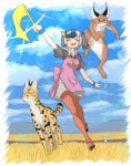  &gt;_&lt; 2girls :3 :d :o animalization apron blue_shirt blush_stickers brown_hair brown_shirt caracal caracal_(kemono_friends) closed_eyes commentary_request day field flag full_body grass green_hair grey_hair hair_over_face hat_feather helmet highres jumping kemono_friends kyururu_(kemono_friends) multiple_girls notora open_mouth pink_apron pith_helmet red_footwear red_legwear scarf serval serval_(kemono_friends) shirt short_sleeves skirt smile spot-billed_duck_(kemono_friends) stuck whistle white_scarf white_skirt wristband 