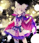  1girl armpits belt blonde_hair bracer cape commentary_request cowboy_shot eyebrows_visible_through_hair light_smile makuwauri multiple_belts neck_ribbon one_eye_closed pointy_hair ribbon ritual_baton sailor_collar skirt sleeveless solo touhou toyosatomimi_no_miko yellow_eyes 