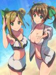  2girls ahoge asymmetrical_hair beach bikini bow breasts brown_hair chiharu_(9654784) cleavage collarbone cowboy_shot eyebrows_visible_through_hair green_bow green_eyes grey_jacket groin hair_between_eyes hair_bow hair_bun hair_ribbon highres jacket large_breasts long_hair long_sleeves looking_at_viewer medium_breasts miniskirt multiple_girls navel open_clothes open_jacket original outdoors outstretched_arm pencil_skirt ribbon side_ponytail skirt smile sparkle standing swimsuit white_bikini white_skirt 