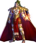  1boy armor cape doma_(fire_emblem) facial_mark fire fire_emblem fire_emblem_echoes:_mou_hitori_no_eiyuuou fire_emblem_heroes forehead_mark full_body highres long_hair male_focus nintendo official_art pointy_ears ponytail sandals solo transparent_background violet_eyes yoneko_okome99 
