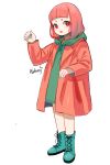  1girl aqua_nails bangs blunt_bangs boots fang full_body green_footwear green_hoodie hakuro96 hand_up highres hood hood_down jacket long_sleeves nail_polish open_mouth orange_jacket original pink_hair red_eyes short_eyebrows signature simple_background solo standing white_background 