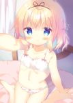  1girl bangs bare_arms bare_shoulders barefoot blonde_hair blue_eyes blurry blurry_background blush bow bow_bra bow_panties bra breasts closed_mouth collarbone commentary_request curtains depth_of_field eyebrows_visible_through_hair gochuumon_wa_usagi_desu_ka? idolmaster kirima_sharo looking_at_viewer navel outstretched_arm panties reaching_out self_shot sitting small_breasts solo underwear underwear_only wariza wavy_mouth white_bra white_panties yuizaki_kazuya 