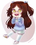  blush brown_hair cardcaptor_sakura chibi freckles galaxy_print glasses green_eyes hair_ribbons hands_on_own_face happy heart heart_in_mouth long_hair original shorts sillydoodlez sinamuna_(character) sneakers stars sweater thigh-highs twintails two_side_up 