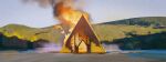  blue_sky building fire highres midsommar mountain no_humans rocher-hd scenery sky smoke symbol-only_commentary 