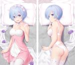  1girl :d artist_name ass back blanket blue_eyes blue_hair blush bra breasts closed_mouth collarbone cowboy_shot dakimakura dress finger_to_cheek flower frills from_above garter_belt hair_ornament hairband hand_on_own_chest index_finger_raised lolita_hairband lying mattress medium_breasts multiple_views neck_garter on_back on_stomach open_mouth panties pantyhose pillow pink_dress purple_flower purple_rose re:zero_kara_hajimeru_isekai_seikatsu red_ribbon rem_(re:zero) ribbon rimuu rose short_hair sleeveless sleeveless_dress smile tareme thigh-highs underwear underwear_only upper_teeth watermark web_address white_bra white_legwear white_panties x_hair_ornament 