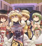  4girls apron arm_grab behind_another blonde_hair blush breast_grab breasts brown_hair commentary_request cowboy_shot disembodied_limb door dress erect_nipples fingernails gap grabbing green_dress green_eyes green_hair hair_between_eyes hat hat_ribbon houshiruri large_breasts long_hair looking_at_another looking_at_viewer matara_okina mob_cap multiple_girls nishida_satono obi open_door open_mouth pink_dress ribbon sash short_hair sidelocks snowing sweatdrop tabard tate_eboshi teireida_mai touhou trigram very_long_hair violet_eyes waist_apron wavy_mouth white_dress yakumo_yukari yellow_eyes yin_yang yuri 