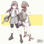  2girls adapted_turret arashio_(kantai_collection) arm_warmers back-to-back backpack bag bike_shorts black_legwear black_shorts blue_sailor_collar brown_eyes brown_hair character_name crime_prevention_buzzer dress full_body headgear headset kantai_collection kneehighs long_hair multiple_girls pleated_skirt randoseru rigging rudder_shoes sailor_collar sailor_dress school_uniform searchlight shirt short_hair short_sleeves shorts shorts_under_skirt skirt souji speaking_tube_headset standing suspender_skirt suspenders torpedo torpedo_tubes turret two-tone_background white_shirt yukikaze_(kantai_collection) 