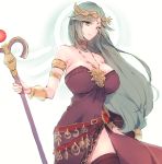  1girl absurdres alternate_color bracelet breasts bura dress green_eyes green_hair halo highres jewelry kid_icarus large_breasts long_hair nintendo palutena pendant shield staff strapless strapless_dress super_smash_bros. tiara 