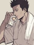  1boy 2_o_tori alcohol beer beer_can black_eyes black_hair can drink_can highres holding jujutsu_kaisen kusakabe_atsuya lips looking_at_viewer male_focus shirt short_hair short_sleeves solo spiky_hair t-shirt towel towel_around_neck upper_body white_shirt white_towel 