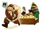  ! !! 3boys bag beard bed bed_sheet black_hair blue_ribbon boots box carrying carrying_over_shoulder christmas_tree dragon_ball dragon_ball_(classic) facial_hair full_body gift gift_box gloves hat kuririn male_focus multiple_boys muten_roushi nervous nitako ribbon rubbing_eyes running santa_boots santa_costume santa_gloves santa_hat shadow short_hair simple_background sleeping sleepy son_gokuu speech_bubble spiky_hair spoken_exclamation_mark star star_print striped sunglasses sweatdrop tree vertical_stripes white_background yellow_ribbon 