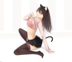  1girl animal_ears black_hairband black_legwear black_skirt bra breasts brown_hair cat_ears cat_tail cleavage clothes_lift fake_animal_ears full_body garter_straps hair_between_eyes hairband highres lifted_by_self long_hair looking_at_viewer medium_breasts miniskirt original pink_bra pleated_skirt red_eyes ribbed_sweater saruno_(eyesonly712) shiny shiny_hair skirt solo striped striped_background sweater sweater_lift tail thigh-highs turtleneck turtleneck_sweater underwear white_background white_sweater zettai_ryouiki 