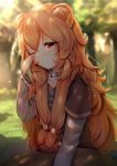  1girl absurdres animal_ears blurry blurry_background brown_hair collar commentary day english_commentary hair_between_eyes highres long_hair nature one_eye_closed outdoors raphtalia red_eyes rubbing_eyes solo tate_no_yuusha_no_nariagari tsukimaru very_long_hair 