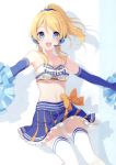  1girl 6u_(eternal_land) absurdres ayase_eli bangs bare_shoulders blonde_hair blue_eyes blue_gloves blush breasts character_name cheerleader collarbone dual_wielding elbow_gloves eyebrows_visible_through_hair frills gloves headset highres holding long_hair love_live! love_live!_school_idol_project medium_breasts midriff miniskirt navel open_mouth pom_poms scan shadow shiny shiny_hair simple_background skirt solo strapless thigh-highs tubetop white_legwear zettai_ryouiki 