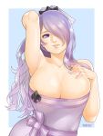  1girl absurdres alternate_costume arm_behind_head arm_up armpits artist_name bare_shoulders breasts camilla_(fire_emblem_if) cleavage collarbone commentary eyelashes fire_emblem fire_emblem_heroes fire_emblem_if hair_over_one_eye hand_on_own_chest highres large_breasts long_hair looking_at_viewer naked_towel nintendo no_bra parted_lips purple_hair shiny shiny_skin simple_background smile solo thefarelo tiara towel upper_body very_long_hair violet_eyes wavy_hair 