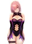  breasts center_opening cleavage collared_leotard commentary_request elbow_gloves fate/grand_order fate_(series) gloves hair_over_one_eye highres iku_(ikuchan_kaoru) large_breasts lavender_hair leotard mash_kyrielight navel_cutout purple_leotard short_hair smile thigh_strap violet_eyes 
