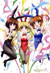  3girls absurdres animal_ears black_legwear black_leotard blonde_hair blue_leotard blush brown_hair bunny_girl fate_testarossa fishnets hair_ornament high_heels highres hirahara_minami leotard long_hair looking_at_viewer lyrical_nanoha mahou_shoujo_lyrical_nanoha megami multiple_girls official_art outstretched_arm pantyhose rabbit_ears red_eyes red_leotard shiny shiny_hair shiny_skin short_twintails smile tail takamachi_nanoha thigh-highs twintails violet_eyes white_legwear x_hair_ornament yagami_hayate 