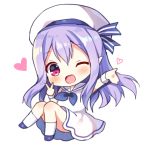  1girl ;d bangs bare_shoulders beret blue_neckwear blush chibi dress eyebrows_visible_through_hair full_body hair_between_eyes hat head_tilt heart long_hair lowres mauve neckerchief one_eye_closed open_mouth pio_(potion_maker) pointy_ears potion_maker purple_footwear purple_hair sailor_collar sailor_dress shoes simple_background sleeveless sleeveless_dress smile socks solo v very_long_hair violet_eyes white_background white_dress white_hat white_legwear white_sailor_collar wrist_cuffs 