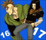  2boys android_16 android_17 belt black_border black_hair black_shirt blue_background blue_eyes border character_name denim dragon_ball dragonball_z expressionless fingernails hands_in_pockets jeans long_sleeves looking_away lowres male_focus mohawk multiple_boys neckerchief nitako number orange_neckwear pants profile red_ribbon_army redhead serious shirt short_hair simple_background 