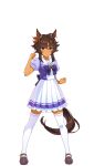  1girl animal_ears arm_up bitter_glasse_(umamusume) bow bowtie brown_eyes brown_footwear brown_hair brown_ribbon clenched_hands dark-skinned_female dark_skin ear_ribbon frilled_skirt frills full_body highres horse_ears horse_girl horse_tail horseshoe_ornament loafers official_art pleated_skirt puffy_short_sleeves puffy_sleeves purple_bow purple_bowtie purple_serafuku purple_shirt ribbon sailor_collar sailor_shirt school_uniform serafuku shirt shoes short_hair short_sleeves simple_background skirt solo standing tachi-e tail thigh-highs tracen_school_uniform transparent_background umamusume white_skirt white_thighhighs 