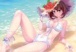  1girl absurdres ankle_garter brown_hair carnelian criss-cross_halter day earrings flower green_eyes halterneck hat hat_flower highres jewelry kantai_collection leg_up light_smile lying mutsu_(kantai_collection) navel navel_cutout o-ring o-ring_swimsuit one-piece_swimsuit outdoors partially_submerged scan short_hair solo sparkle straw_hat sun_hat swimsuit white_swimsuit 
