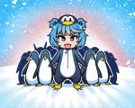  1girl akairiot animal animal_costume bird blue_eyes blue_hair chibi eyebrows_visible_through_hair fangs frostbite-chan_(akairiot) frostbite_(tournament) full_body hat looking_at_viewer no_nose open_mouth penguin penguin_costume smile snow snowing standing zipper zipper_pull_tab 