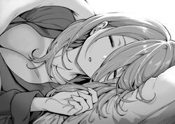  1girl bangs breasts cleavage closed_eyes collarbone eyebrows_visible_through_hair facing_viewer go-toubun_no_hanayome greyscale hair_between_eyes hand_up long_hair long_sleeves lying monochrome mushi024 nakano_miku on_side open_mouth pillow shirt sleeping solo under_covers 