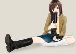  1girl black_eyes boots brown_hair school_uniform shimei short_hair 