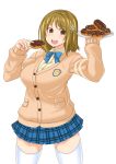  1girl belly bow breasts brown_hair cardigan curvy doughnut eating food hair_ornament hairclip idolmaster idolmaster_cinderella_girls large_breasts mimura_kanako musasinodaichi plump short_hair skirt solo thigh-highs 