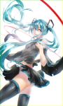  1girl aqua_eyes aqua_hair ass baraba_baba bare_shoulders detached_sleeves dutch_angle from_below hair_between_eyes hatsune_miku highres long_hair looking_back necktie skirt solo tattoo thigh-highs thighs twintails vocaloid wide_sleeves 