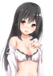  1girl :d bangs bare_shoulders black_hair blush breasts cleavage collarbone collared_shirt commentary_request dress_shirt hand_on_own_chest hand_up head_tilt highres large_breasts long_hair long_sleeves looking_at_viewer navel off_shoulder open_clothes open_mouth open_shirt original red_eyes shirt sidelocks simple_background smile solo stomach tatsumiya_kagari upper_body white_background white_shirt 