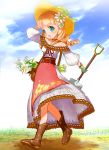  1girl arm_up bag blue_eyes blue_sky blush bow breasts brown_footwear clouds day dress drill_hair floral_print flower gloves grass green_bow green_gloves hair_flower hair_ornament handbag harvest_moon hat hat_bow holding_shovel jewelry lily_(flower) lisette_(story_of_seasons:_trio_of_towns) manohiro_yuki necklace open_mouth outdoors shovel sky small_breasts solo story_of_seasons:_trio_of_towns sun_hat twin_drills walking 
