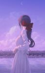  1girl bow breasts bridge clouds commentary crescent crescent_moon dress dress_bow facing_away from_side hair_bow hiera12 highres landscape large_breasts long_hair long_sleeves looking_afar medium_breasts moon original outdoors ponytail purple_hair purple_sky purple_theme red_bow scenery solo symbol-only_commentary twilight very_long_hair wavy_hair white_bow white_dress 