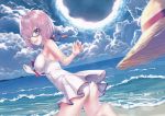  1girl absurdres ass bangs bare_shoulders barefoot blush breasts clouds cloudy_sky day eyebrows_visible_through_hair fate/grand_order fate_(series) glasses hair_over_one_eye hat heirou highres huge_filesize leg_up looking_at_viewer looking_back mash_kyrielight medium_breasts ocean open_mouth outdoors pink_hair scan shiny shiny_skin short_hair sky smile swimsuit violet_eyes water 