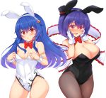  2girls alternate_costume animal_ears armlet bangs bare_arms bare_shoulders black_hairband black_hat blue_hair blush bow bowtie breasts bunnysuit cleavage commentary_request covered_navel cowboy_shot detached_collar embarrassed eyebrows_visible_through_hair fake_animal_ears food_themed_hair_ornament frilled_shawl frills gloves gluteal_fold gradient_hair groin hair_between_eyes hair_ornament hairband hands_on_own_cheeks hands_on_own_face hat hat_bow highres hinanawi_tenshi large_breasts long_hair looking_at_viewer medium_breasts mini_hat mini_top_hat multicolored_hair multiple_girls nagae_iku no_hat no_headwear nose_blush pantyhose peach_hair_ornament purple_hair rabbit_ears red_bow red_eyes red_neckwear shawl sheer_legwear short_hair simple_background standing thighs tokoya_(ex-hetare) top_hat touhou white_background white_gloves white_hairband wrist_cuffs 