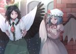  2girls arms_behind_back bangs bat_wings black_hair black_wings blue_hair bow breasts brick_wall clenched_teeth commentary cowboy_shot dress eyebrows_visible_through_hair feathered_wings frilled_shirt_collar frills green_bow green_skirt hair_bow hands_up hat hat_ribbon ichiba_youichi jitome long_hair looking_at_another medium_breasts mob_cap multiple_girls nail_polish puffy_short_sleeves puffy_sleeves red_eyes red_nails red_ribbon reiuji_utsuho remilia_scarlet ribbon shirt short_hair short_sleeves skirt slit_pupils smile space_print standing starry_sky_print sweat teeth touhou white_dress white_hat white_shirt wings wrist_cuffs 