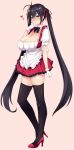  1girl ahoge alternate_costume apron azur_lane bangs black_hair black_legwear blush breasts cleavage crossed_bangs erect_nipples finger_to_mouth frilled_apron frills full_body gloves hair_between_eyes hair_ribbon heart high_heels kusano_(torisukerabasu) large_breasts long_hair looking_at_viewer looking_to_the_side maid_apron maid_dress mask mask_on_head nose_blush puffy_sleeves red_eyes red_ribbon ribbon short_sleeves solo standing taihou_(azur_lane) thigh-highs tied_hair twintails very_long_hair white_apron white_gloves 